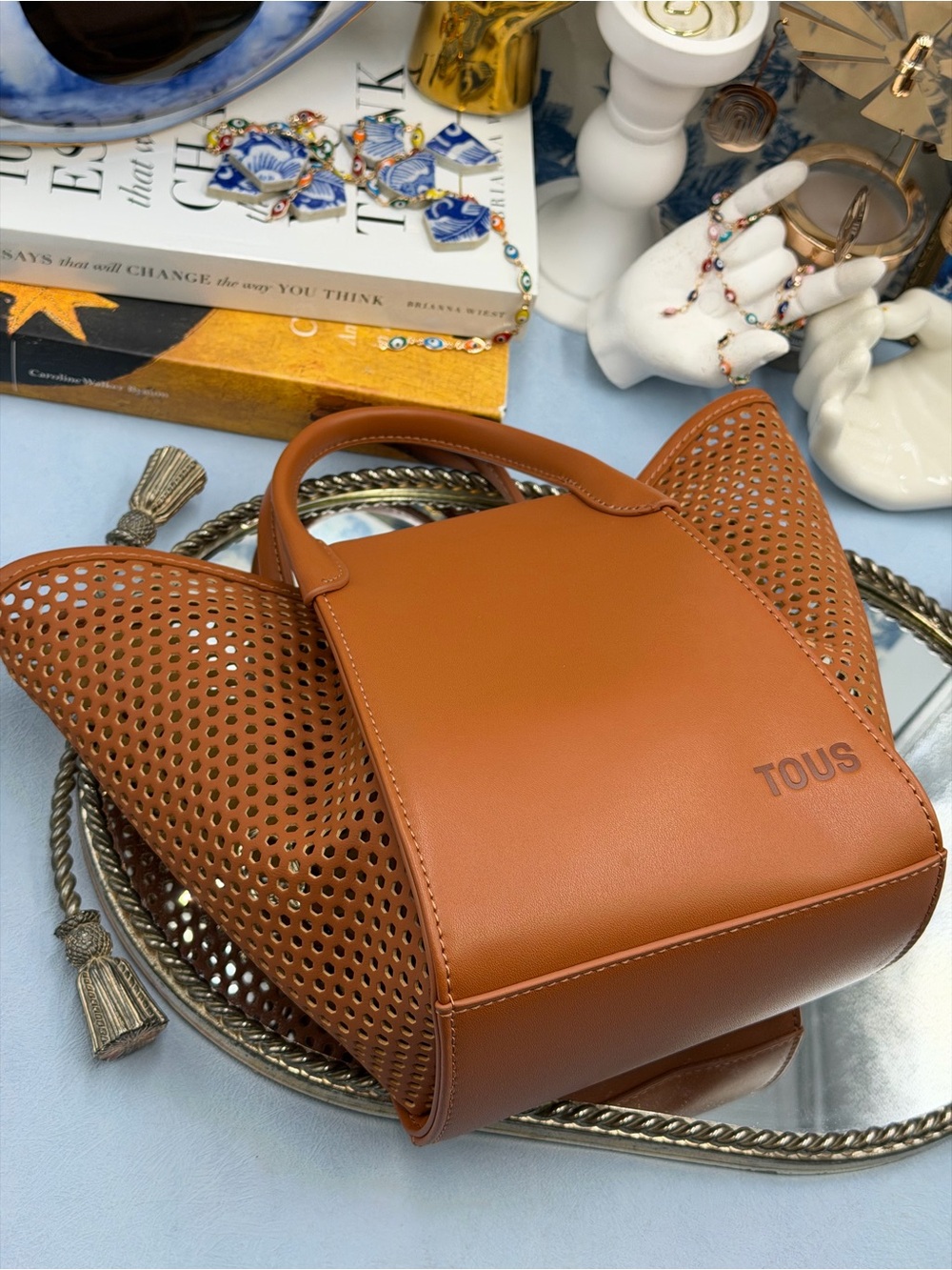 🆕 TOUS 🧿 NWOT Small TOUS Tulip Cutout Mesh Bag, with Top Handle - Camel Brown - Picture 13 of 13